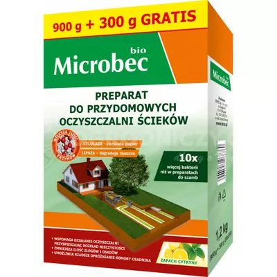 Microbec BIO 900g + 300g GRATIS preparat do szamb i przydomowych oczyszczalni ścieków, zapach cytryny, likwiduje przykry zapach, większa ilość enzymów