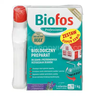 Biofos 1kg + żel do WC 1L INCO biologiczny preparat do szamb i przydomowych oczyszczalni ścieków, likwiduje nieprzyjemne zapachy, zmniejsza ryzyko osadów i zatorów