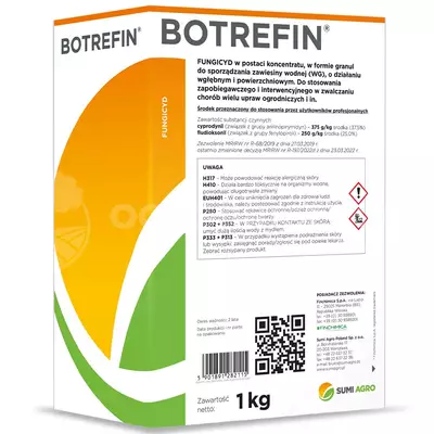 Botrefin 1kg SUMI AGRO cyprodynil, fludioksonil, szara pleśń, zamieranie pędów, zgnilizna, antraknoza, askochytoza, groch, pomidor, fasola, malina, truskawka jabłoń